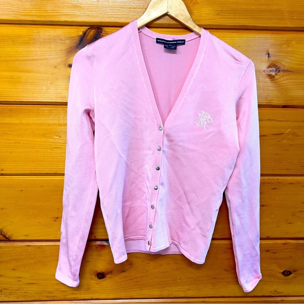 Ralph Lauren Golf Pink Knit Long Sleeve Stretchy V-Neck Logo Top M